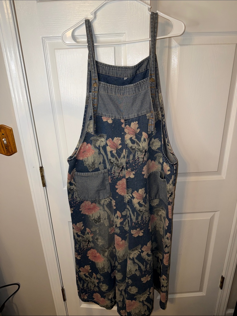 Floral Denim Overall Dress in Navy with Pink Flowers